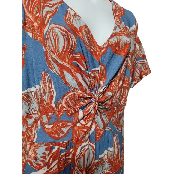 Soft Surroundings Maxi Dress L Blue Red Floral Twist Front Empire Soft Knit - Picture 3 of 14